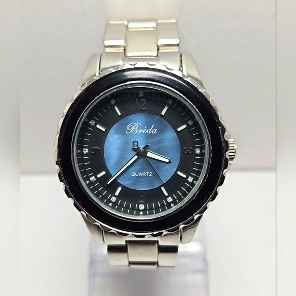 Mens Breda Watch 41mm Silver Tone Blue Mother Of Pearl Dial New Battery - Picture 1 of 10